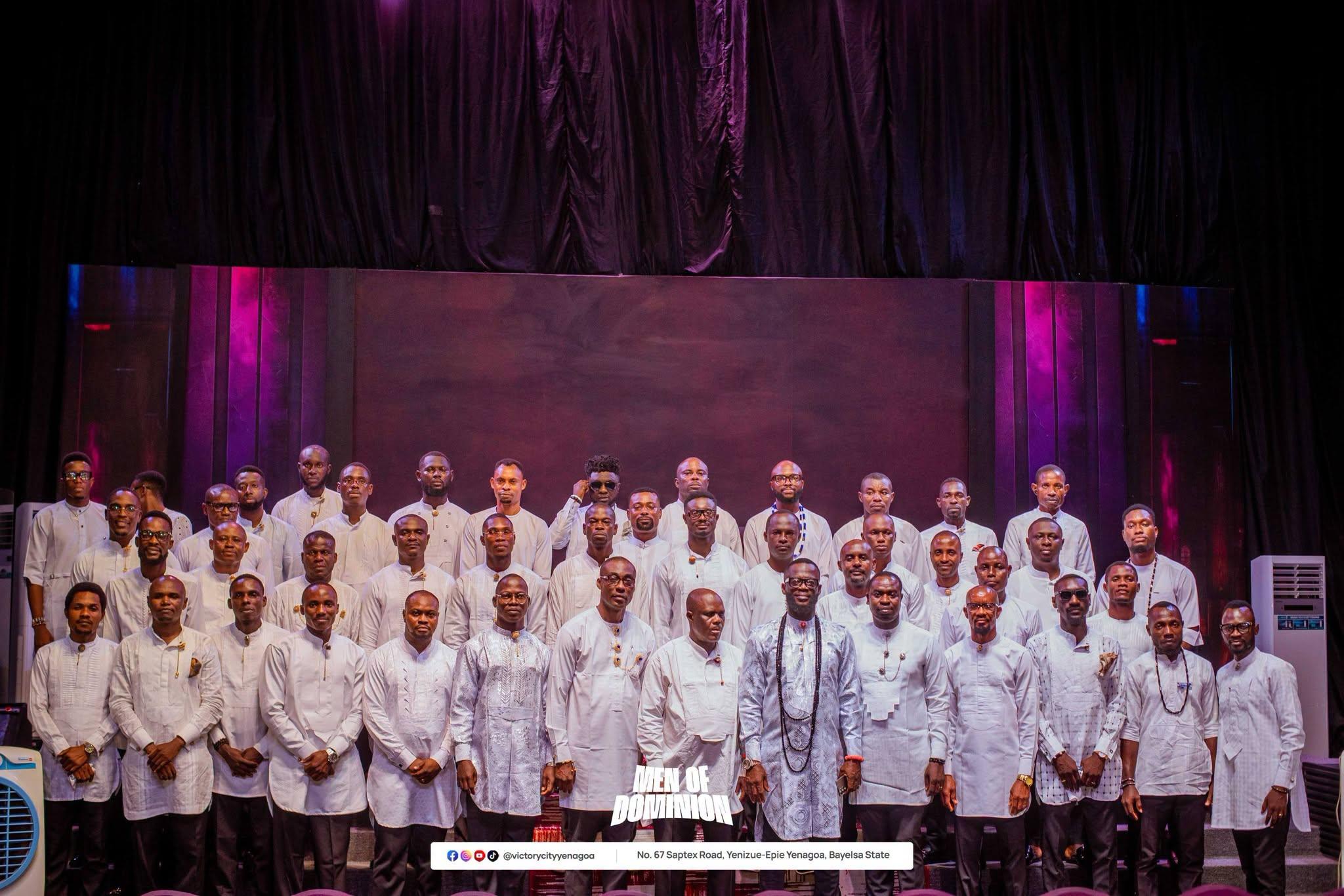 Men gathered together at Victory City