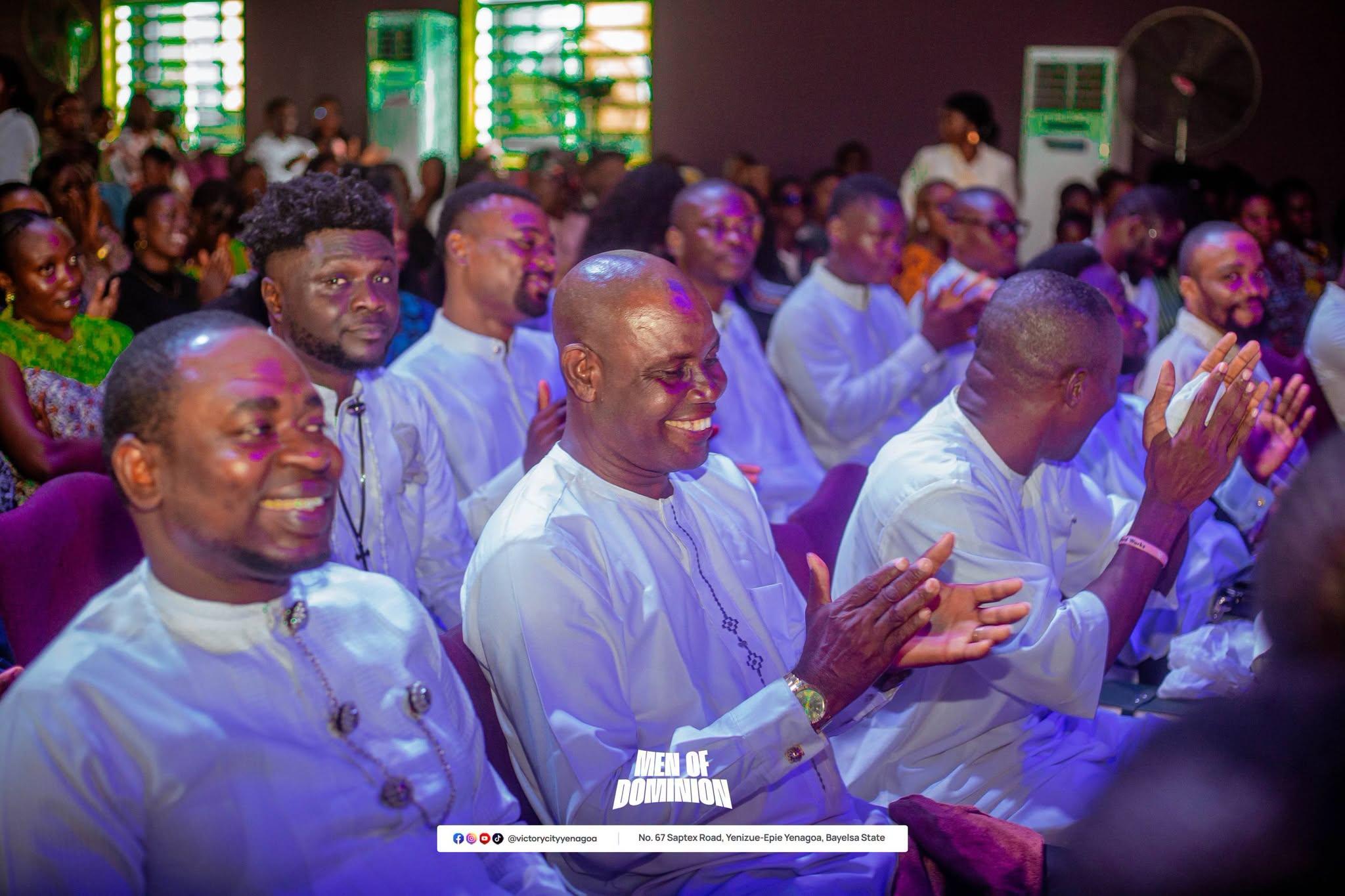 Men gathered for a Victory City event